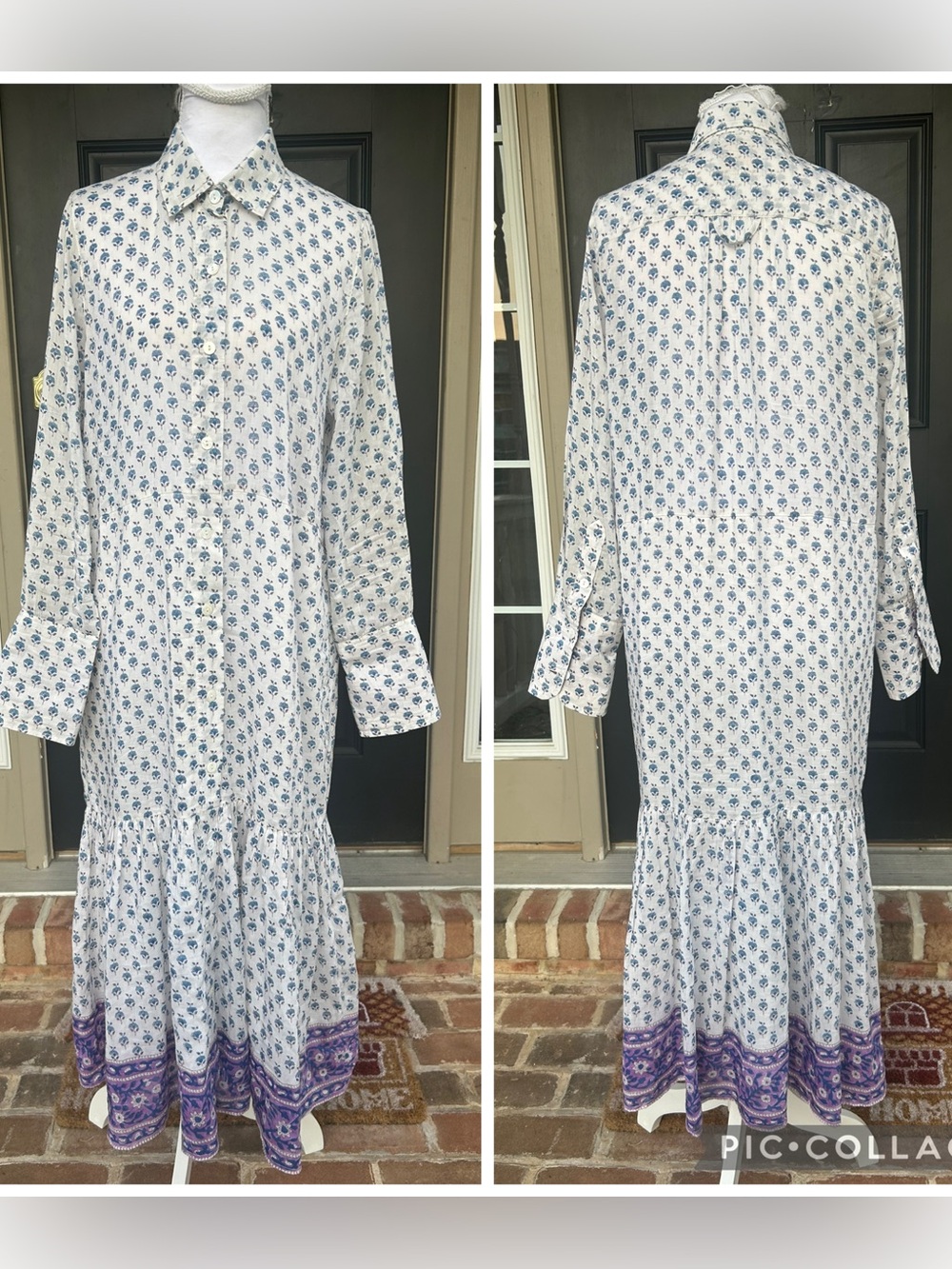 Bell Alicia Bell Sheer White Cotton Silk Printed Button Long Sleeve Maxi Dress S